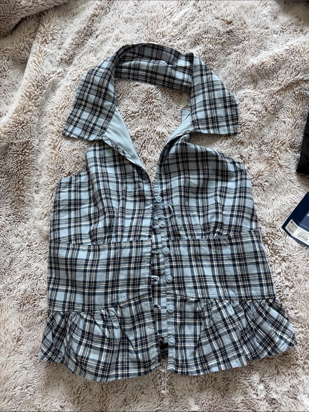 Hollister Blue and White Plaid Sleeveless Button-Front Halter Top